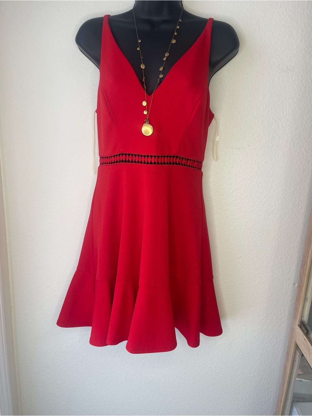 Speechless Red V-Neck Fit & Flare Dress with Waist Cutout Trim